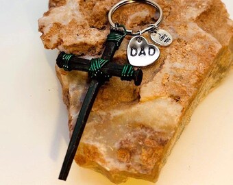 Irish Nail Cross Keyring - Hand Forged Iron - Irish Theme Christian Gift, Fathers Day Gift - Dad Stamped Heart Charm - FREE GIFT BOX