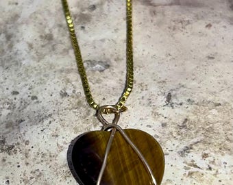 Handmade Tigers Eye Stone Heart Wire Wrapped Pendant Necklace with Gold Plated Chain