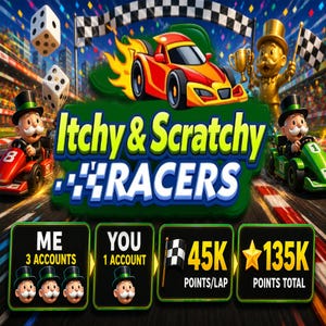 Itchy & Scratchy Racers Monopoly Go Event – 45K Points/Lap (Fast Delivery)