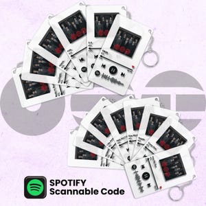 Puede incluir: Una colección de llaveros rectangulares de acrílico transparente con interfaces de reproductor de música impresas que muestran títulos de canciones, nombres de artistas, controles de reproducción y fotos grupales de BTS.