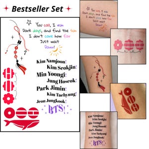 Pode incluir: Um conjunto de tatuagens temporárias com designs gráficos vermelhos, incluindo uma baleia, formas florais e uma borla decorativa. O conjunto inclui o texto Bestseller Set, BTS e os nomes Kim Namjoon, Kim Seokjin, Min Yoongi, Jung Hoseok, Park Jimin, Kim Taehyung e Jeon Jungkook, juntamente com letras de músicas escritas em várias cores.