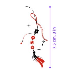 May include: A decorative hanging ornament featuring a black BTS logo, red circular beads with white horizontal lines, a silver-toned chain with a number 7 charm, and a black and red tassel. The total height is 3 inches as indicated by a ruler.