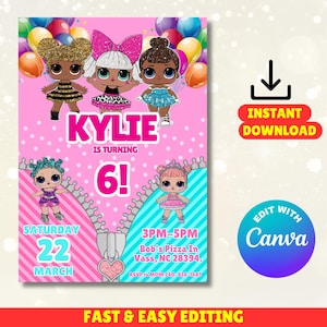 以下が含まれることがあります： ピンク色の誕生日パーティーの招待状。漫画のドールと風船が描かれています。「Kylie is turning 6!」と書かれており、日付、時間、場所などのイベント詳細が含まれています。「Instant Download」と「Edit with Canva」の文字も含まれています。