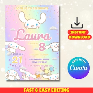 May include: A pastel-colored birthday invitation featuring a cartoon character and the name "Laura." The invitation includes the date, time, and location of the party, along with the text "Join us to celebrate." The words "Instant Download" and "Edit with Canva" are also visible.