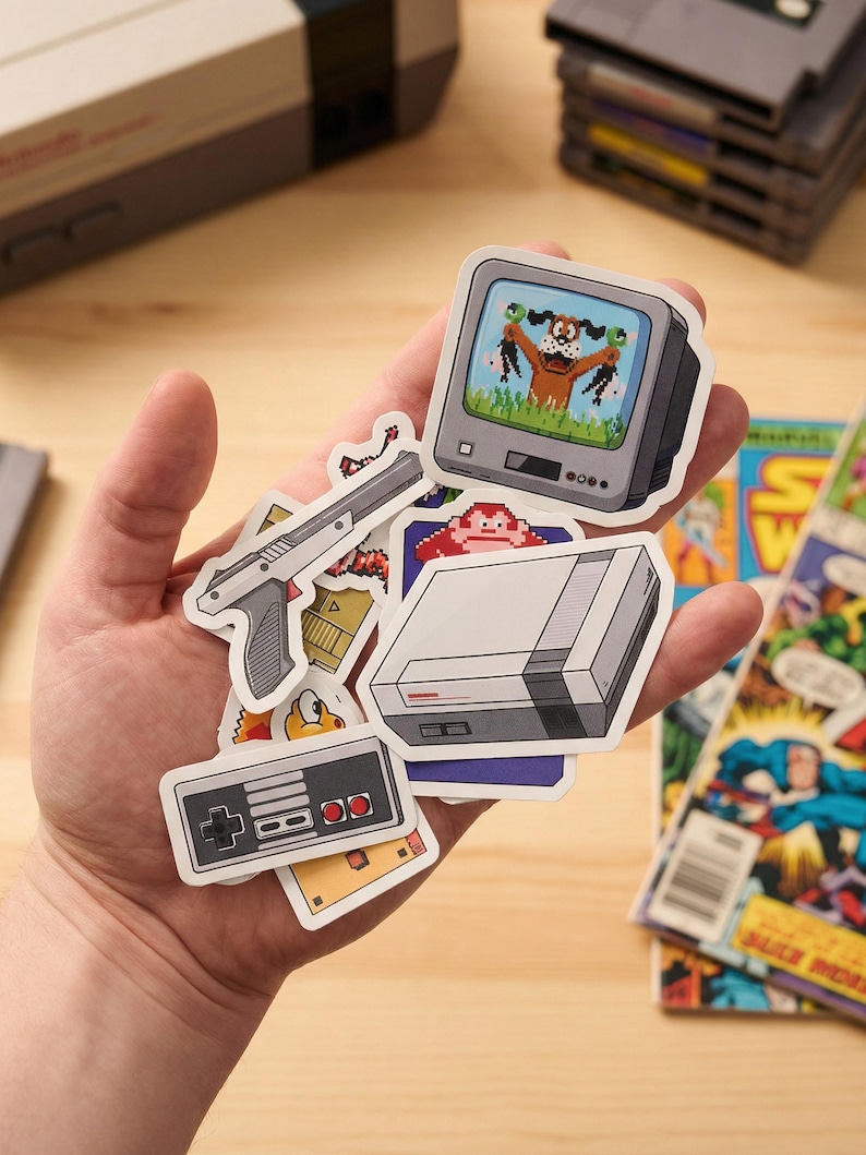 May include: A collection of retro video game-themed stickers featuring a gray console, controller, and pixelated graphics. The stickers include a TV screen with a hunting dog, a gun, and a red-haired character. A Nintendo console and game cartridges are in the background.