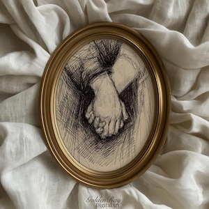 May include: An oval, gold-framed artwork featuring a pen and ink sketch of two hands clasped together. The artwork is set against a backdrop of draped, off-white fabric. The text "Golden Ray Digital Art" is visible at the bottom.
