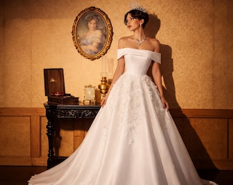 Off Shoulder Satin Wedding Dress Simple Bridal Gown A Line Minimalist Bridal Dress