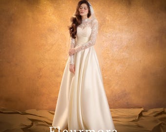 Long Sleeve Lace Wedding Dress, Modest Satin Bridal Gown, High Neck A Line Dress, Romantic Veil Wedding Dress, Elegant Custom Bridal Wear