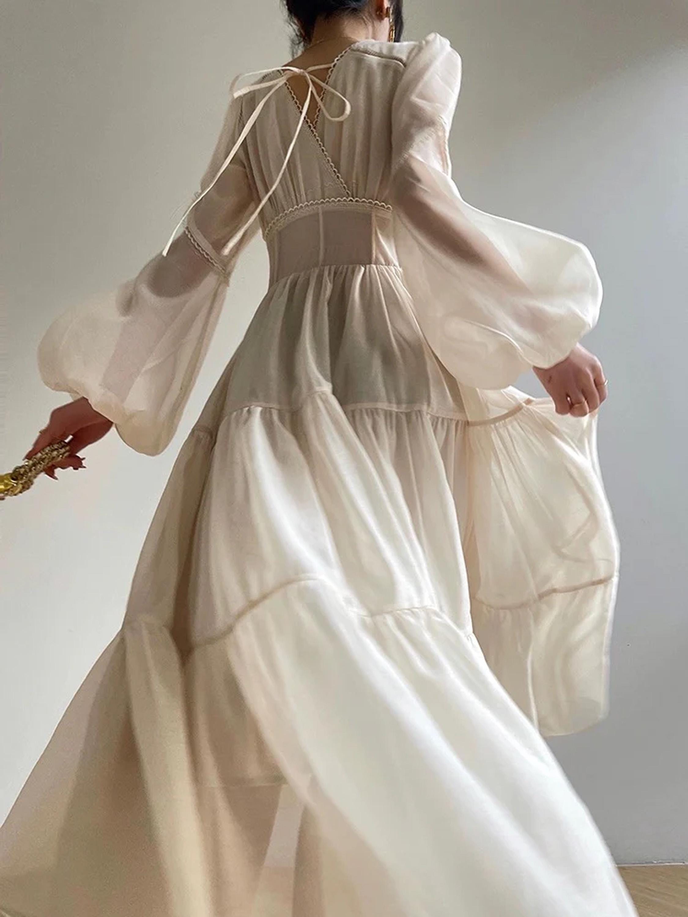 Cottagecore Wedding Dress Puff Sleeve Maxi Dress Aesthetic Bridal Gown