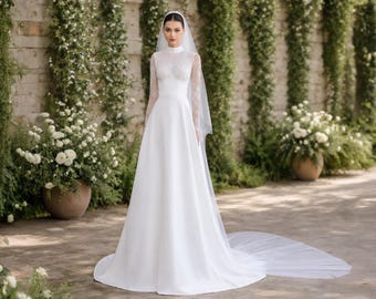 High Neck Long Sleeve Wedding Dress, Modest Lace Bridal Gown, Minimalist Satin A Line Wedding Dress, Elegant Chapel Train Bride Dress