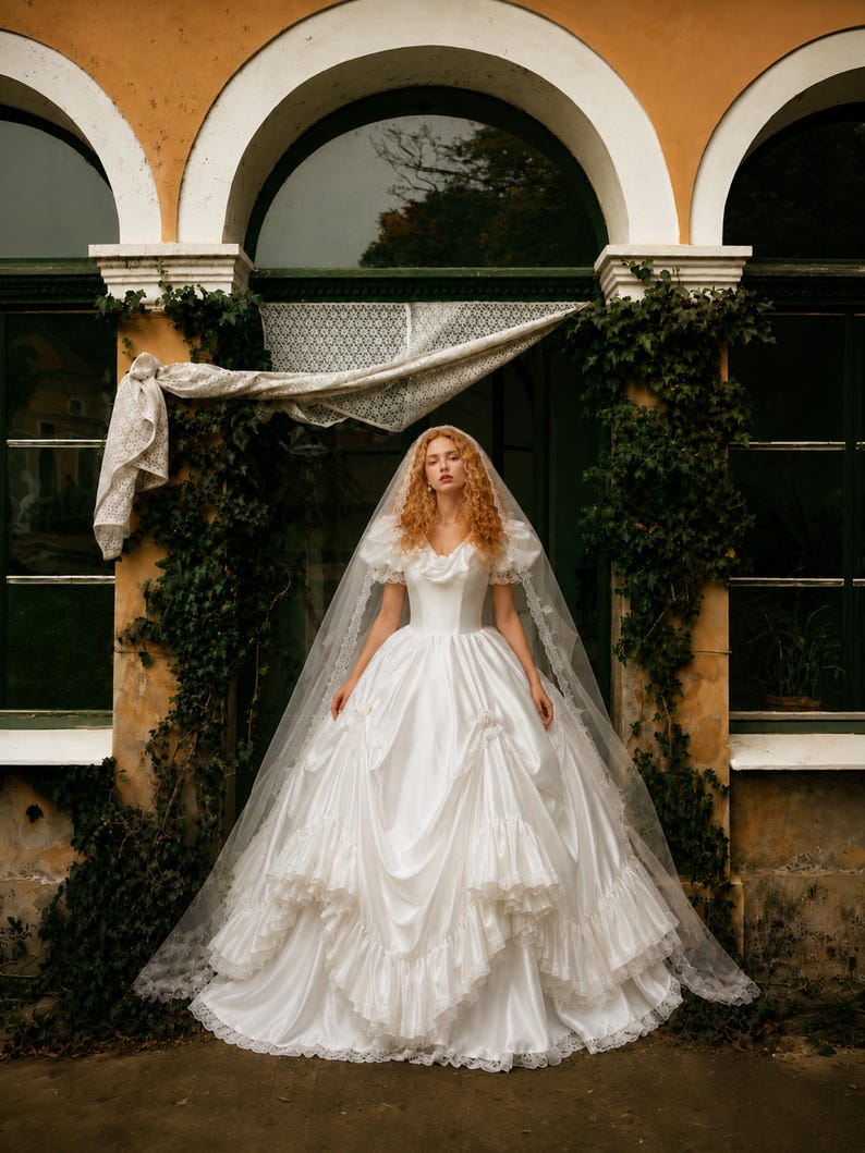 K&ouml;nnte beinhalten: Ein wei&szlig;es Ballkleid aus Satin mit Puff&auml;rmeln, einem figurbetonten Oberteil und einem volumin&ouml;sen Rock mit gerafften Stofflagen und Spitzenbesatz. Ein langer, transparenter Schleier mit Spitzenrand liegt auf dem Kopf und f&auml;llt bis zum Boden.