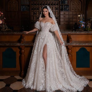 fairy wedding dress etsy Green Lace Forest Fairy Wedding Dress, Cathedral Train