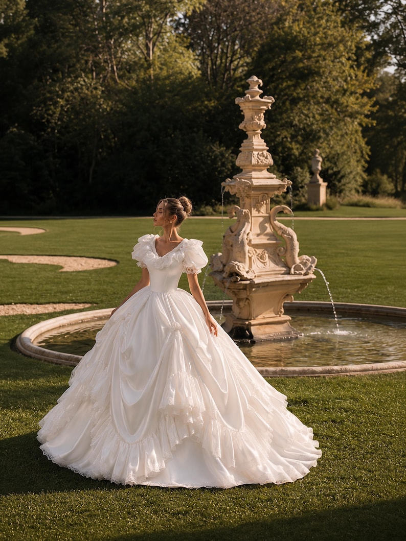 K&ouml;nnte beinhalten: Ein wei&szlig;es Ballkleid mit V-Ausschnitt, volumin&ouml;sen Puff&auml;rmeln und einem bodenlangen, weiten Rock mit geschichteten R&uuml;schen und drapierten Stoffdetails. Das Kleid hat ein eng anliegendes Oberteil und einen weit ausgestellten Saum aus glattem Stoff.