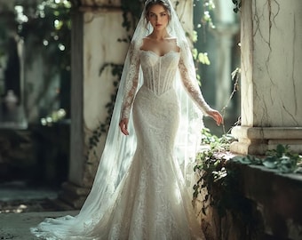 Lace Mermaid Wedding Dress Off Shoulder Gown Long Sleeves For Ladys