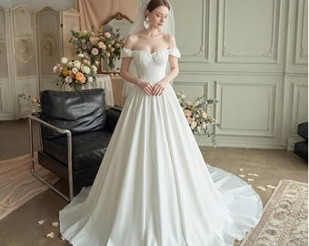 Satin Wedding Dress Off Shoulder Sleeves Bridal A Line Dress Pattern Formal