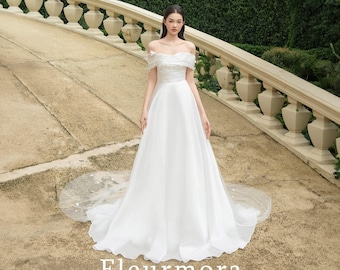 A Line Chiffon Wedding Dress Off Shoulder, Flowing Bridal Gown with Sheer Sleeve Detail, Simple Elegant Wedding Dress