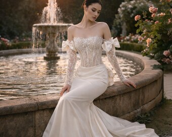 Off Shoulder Mermaid Wedding Dress, Lace Corset Bridal Gown, Satin Bow Sleeve Wedding Dress