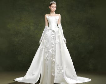 Satin Floral Wedding Dress Applique A Line Bridal Gown Princess Wedding Dress Corset Back Gown