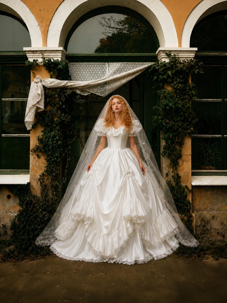 K&ouml;nnte beinhalten: Ein wei&szlig;es Ballkleid mit Puff&auml;rmeln, herzf&ouml;rmigem Ausschnitt und einem volumin&ouml;sen Rock mit geschichteten R&uuml;schen und gerafften Stoffdetails. Das Kleid wird mit einem langen, transparenten, spitzenbesetzten Schleier &uuml;ber den Schultern kombiniert.