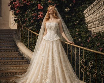 Lace Corset Bridal Gown Strapless Wedding Dress Floral Wedding Gown Simple A Line Bridal Dress