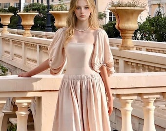 Linen Puff Sleeve Cottagecore Linen Maxi Square Romantic A Line Dress Bridal Gown Linen Outfit