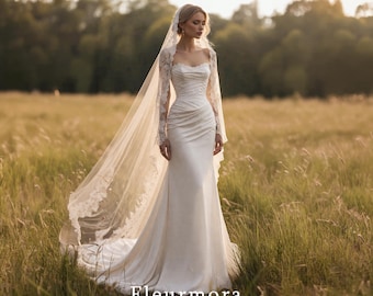 Silk Lace Wedding Dress, Long Sleeve Bridal Gown, Fitted Mermaid Wedding Dress, Lace Veil Bridal Look, Elegant Minimalist Wedding Dress