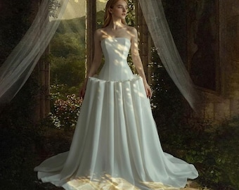 Drop Waist Wedding Dress Strapless White Satin Gowns Unique Bridal Gown