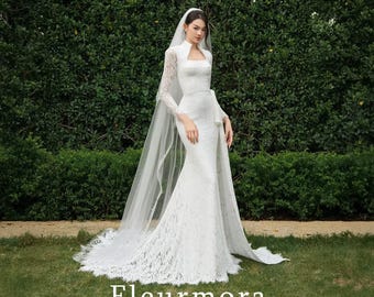 Elegant Long Sleeve Lace Wedding Dress Square Neck Mermaid Bridal Gown Detachable Bolero Minimalist Fitted Bridal Dress