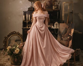 Pink Off The Shoulder Satin Wedding Dress Princess Ball Gown Fairy Tale Formal Bridal Look