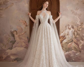 Lace Princess Wedding Dress Beaded Bridal Gown Romantic A Line Custom Bride Dress