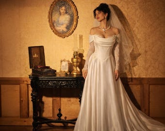 Satin Off Shoulder Wedding Dress Long Lace Sleeves Classic Bridal Gown Elegant Wedding Dress