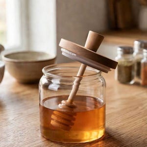 Glass Honey Jar with Honey Dipper and Wooden Lid, Honey Pot Dispenser, Glass Honey Container for Tea Coffee Breakfast Kitchen Decor Gift