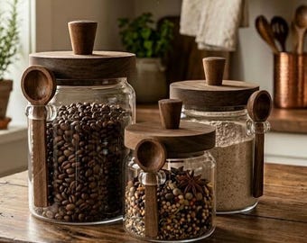 Glass Food Storage Canisters Set with Wood Lids and Spoons, Airtight Glass Jars for Coffee Beans, Sugar, Tea, Spice Kitchen Pantry Storage