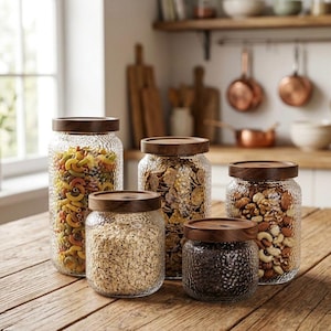 May include: Five glass storage jars with wooden lids, containing pasta, cereal, oats, and nuts. The jars have a textured surface and are displayed on a wooden table in a kitchen. The jars are of varying sizes.