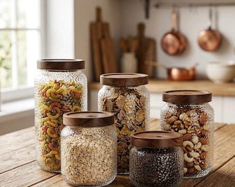 Set di barattoli in vetro ermetici con coperchi in legno di acacia, contenitori in vetro martellato per caffè, tè, spezie e zucchero, barattoli in vetro per dispensa di varie dimensioni.