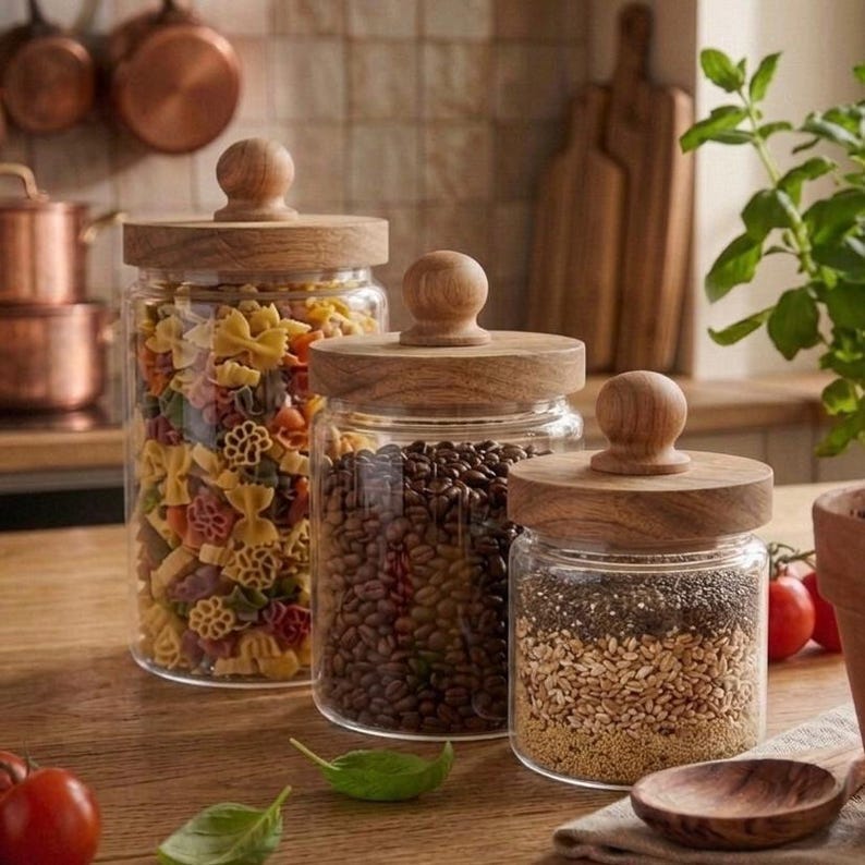 May include: Three clear glass jars with wooden lids, filled with pasta, coffee beans, and seeds. The jars are arranged on a wooden surface, with tomatoes and a wooden spoon nearby. The lids have a round knob on top.