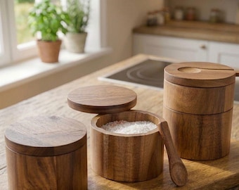 Acacia Wood Salt Cellar with Lid and Spoon Rustic Farmhouse Double Salt Box Wooden Spice Jar Keeper Kitchen Counter Organization