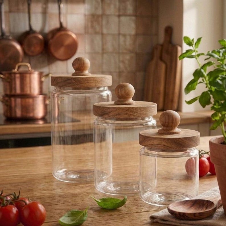 May include: Three clear glass jars with wooden lids of varying sizes are displayed on a wooden surface. The lids have a round knob on top. The jars are empty, and the background includes copper pots and pans, and a plant.