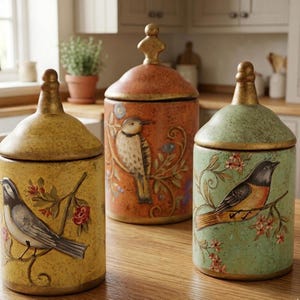 May include: Three ceramic jars with lids, each decorated with a bird and floral design. The jars are painted in yellow, orange, and green with gold detailing. They are displayed on a wooden surface, with each jar featuring a unique bird illustration.