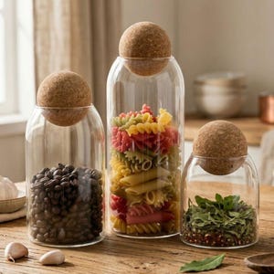 Peut inclure: Trois bocaux en verre transparent avec des bouchons en forme de boule de liège. Les bocaux contiennent des grains de café, des pâtes tricolores et des herbes. Ils sont disposés sur une surface en bois, suggérant un rangement de cuisine ou de garde-manger.