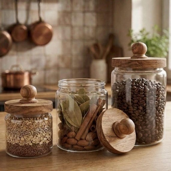 Glass Storage Jar with Wooden Lid Airtight Glass Canister Kitchen Canister Pantry Storage Container Food Storage Jar Coffee Bean Sugar Grain