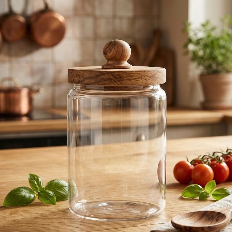 May include: A clear glass jar with a wooden lid and a wooden knob. The jar is empty and sits on a wooden surface. The background includes copper pots, a plant, and tomatoes.