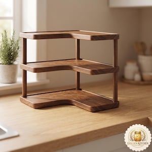 May include: A three-tiered corner shelf made of dark brown wood with a smooth finish. The unit features an L-shaped design with three levels supported by cylindrical wooden pillars at each corner, providing open storage space for kitchen items.