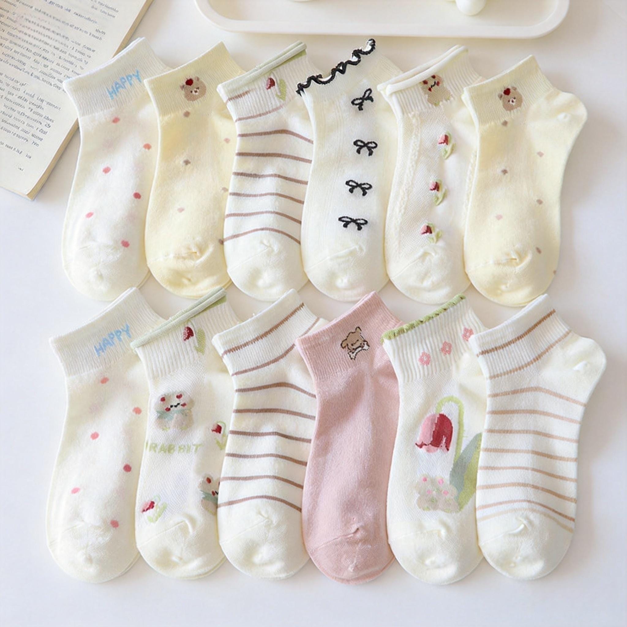 Cute Bear Print Cotton Ankle Socks Striped Polka Dot Summer Socks Kawaii Casual Socks for Women Soft Low Cut Socks