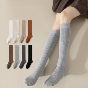Women Cotton 32cm Knee High Socks Double Needle Ribbed Solid Color Slenderizing JK Style Calf Socks