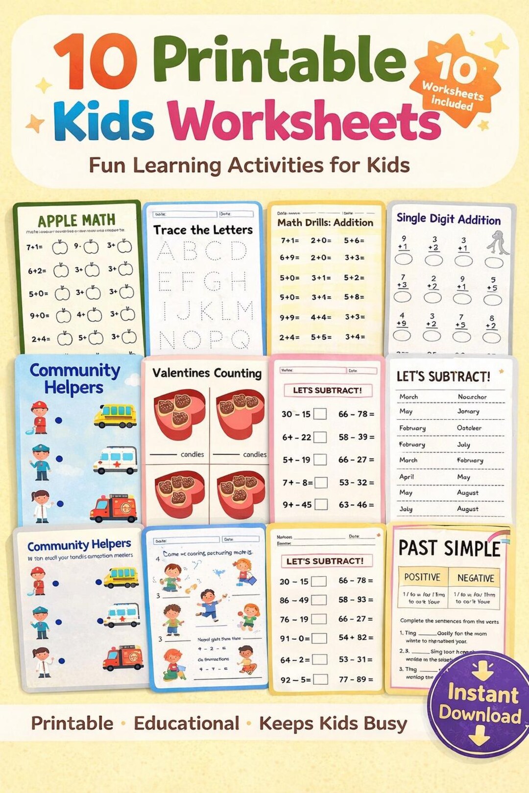 10 Printable Kids Worksheets Bundle, Preschool Busy Book, Toddler ...