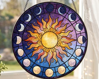 Sol Måne Målat Glas Solfångare, Månfas Solfångare, Himmelsk Boho Fönsterhänge, Mystisk Konst