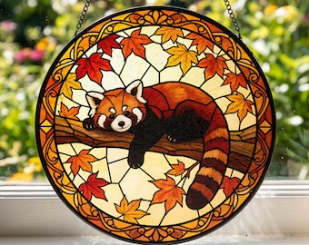 Red Panda Glass Suncatcher, Autumn Scenery Window Hanging, Cute Animal Decor, Red Panda Lover Gift