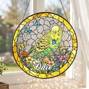 Custom Parrot Portrait Glass Suncatcher, Pet Bird Memorial Window Hanging, Parrot Lover Gifts