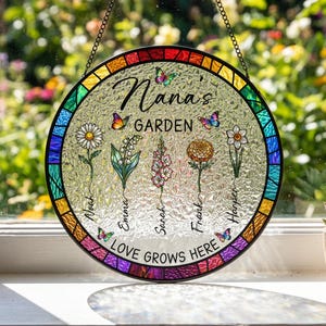 Aangepaste familie geboortebloem Suncatcher, Nana's Garden Glass Suncatcher, Moederdagcadeau voor oma moeder
